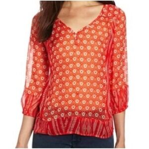 Lucky Brand Blouse‎ Women XS Geometric Sheer Boho Peasant Indie Hippie Festival